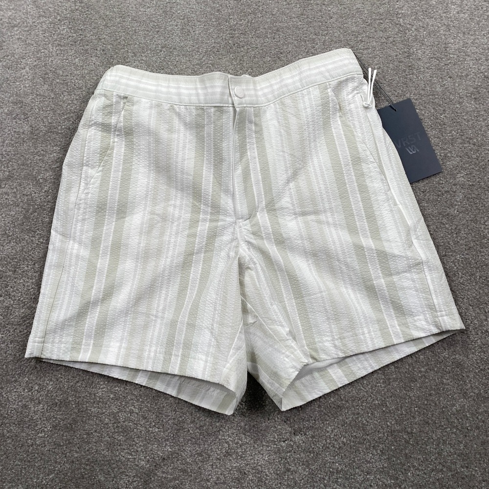 VRST Mens Size S 6" Resort Short Lined Printed Seersucker White Easy Stripe
